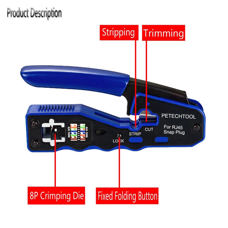 PETECHTOOL RJ45 Crimp Tool Pass Through Crimper Cutter for Cat6a Cat6 Cat5 Cat5e 8P8C Modular Connector Ethernet Crimper Tool - Image 2